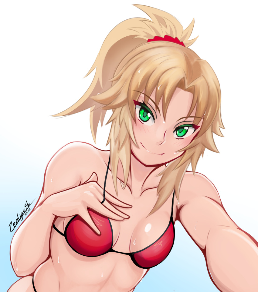 1girl artist_name bikini blonde_hair blush breasts breasts_apart dutch_angle fang fate/grand_order fate_(series) green_eyes hand_on_own_chest highres looking_at_viewer mordred mordred_(fate) mordred_(fate)_(all) mordred_(swimsuit_rider)_(fate) ponytail red_bikini red_scrunchie scrunchie small_breasts smile solo strap_lift swimsuit wet white_background zealyush