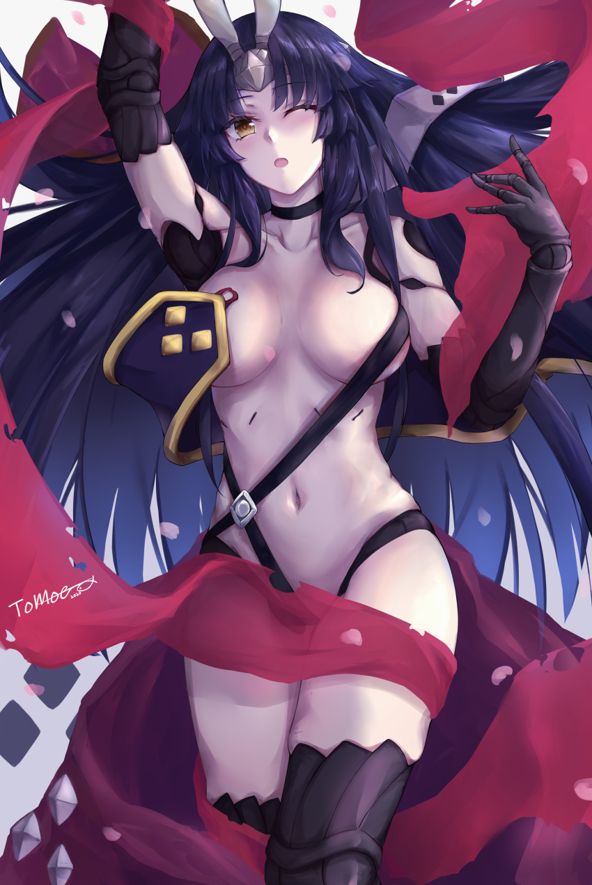 1girl absurdres black_hair breasts convenient_censoring fate/grand_order fate_(series) highres joints katou_danzou_(fate/grand_order) long_hair navel one_eye_closed robot_joints signature tomoe0812y yellow_eyes
