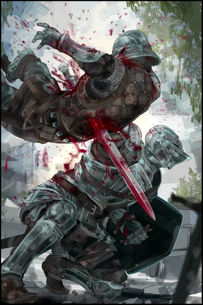 1boy 1other armor battle blood blood_splatter bloody_clothes bloody_weapon blurry_foreground breastplate commentary demon's_souls full_armor full_body gauntlets greaves helmet highres holding holding_shield holding_sword holding_weapon impaled looking_away nslacka one_knee outdoors pauldrons planted_sword planted_weapon shield shoulder_armor slayer_of_demons souls_(from_software) stabbed stabbing sword weapon