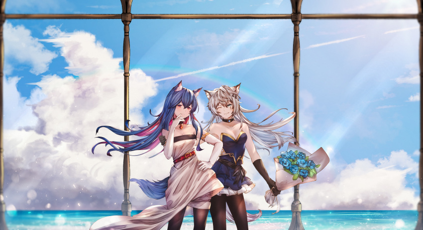 2girls absurdres alternate_costume animal_ear_fluff animal_ears arknights bangs bare_shoulders black_choker black_gloves black_legwear blue_dress blue_flower blue_hair blue_rose blue_sky bouquet breasts choker cleavage cloud commentary_request cowboy_shot day dress elbow_gloves flower gloves hair_between_eyes hair_ornament hairclip hand_on_hip hand_up highres holding holding_flower lappland_(arknights) long_hair looking_at_viewer multicolored_hair multiple_girls one_eye_closed pantyhose parted_lips red_eyes red_hair rose short_dress silver_hair sky small_breasts standing strapless strapless_dress tail texas_(arknights) white_dress white_gloves wolf_ears wolf_tail yigu_ahh