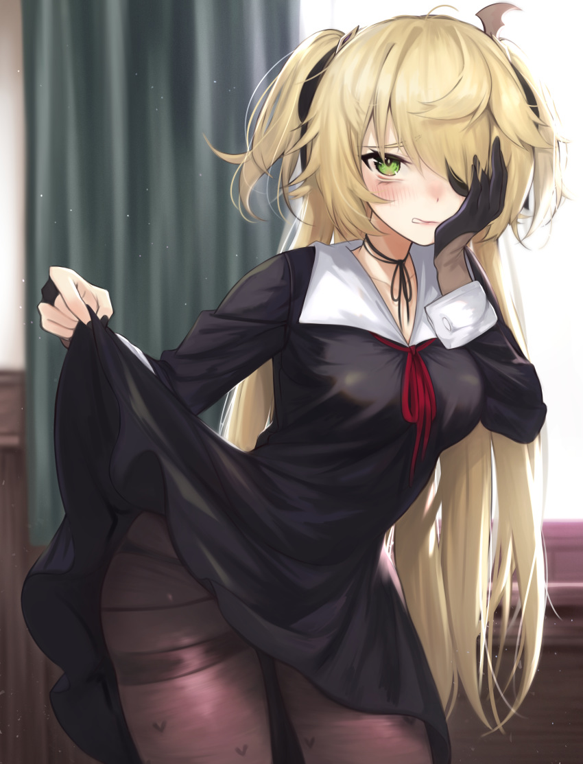 1girl absurdres alternate_costume bangs black_dress black_gloves blonde_hair blush breasts brown_legwear covering_one_eye curtains dress dress_lift fischl_(genshin_impact) genshin_impact gloves green_eyes hair_ornament highres huge_filesize long_hair looking_at_viewer medium_breasts pantyhose parted_lips partly_fingerless_gloves red_neckwear school_uniform solo torriet two_side_up