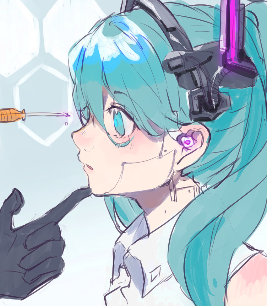 1girl android aqua_eyes aqua_hair bare_shoulders black_gloves cable curious finger_to_another's_chin finger_to_chin gloves hatsune_miku headset heremia highres joints looking_at_another maintenance mechanical_parts pale_skin parted_lips profile robot_joints shirt sketch sleeveless sleeveless_shirt solo_focus syringe twintails vocaloid