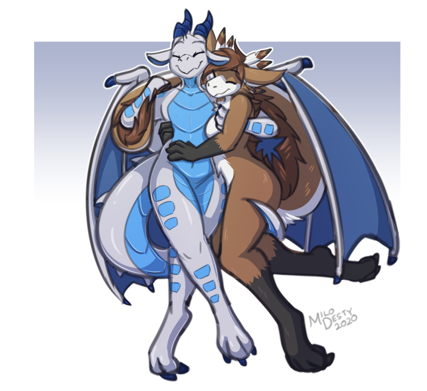 2020 3_toes anthro border brown_hair byzil character_request dragon duo female hair hi_res horn hug milodesty simple_background toes white_border wings