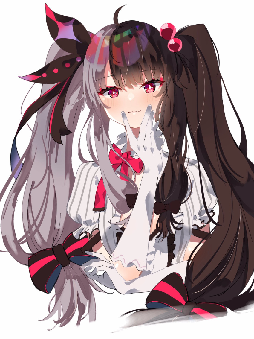 1girl :} \||/ ahoge bangs black_hair black_ribbon bow bowtie dress elbow_gloves frilled_dress frilled_sleeves frills gloves hair_bow hair_ribbon hand_on_own_cheek hand_up highres iridescent itoi_(1_10_1_) long_hair looking_at_viewer multicolored_hair nijisanji red_bow red_eyes red_neckwear ribbon shiny shiny_hair short_sleeves silver_hair striped striped_bow two-tone_hair two_side_up upper_body vertical-striped_dress vertical_stripes very_long_hair white_background white_gloves yorumi_rena