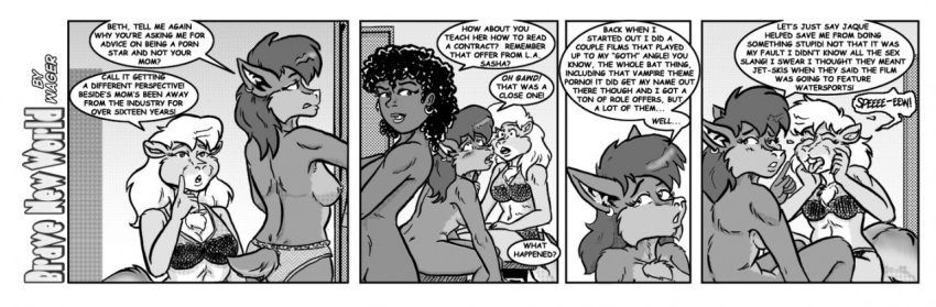 anthro beth_oakem blush bra brave_new_world breasts chiropteran clothing comic dialogue english_text female flo_munroe group human mammal monochrome nipples nude panties rodent sasha_gothica sciurid style_wager text tree_squirrel underwear undressing