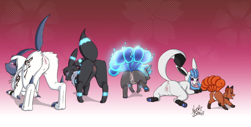 2017 absol anus blush butt eeveelution female feral fur genitals glaceon group hi_res larger_female looking_at_viewer looking_back nekostar nintendo pok&eacute;mon pok&eacute;mon_(species) presenting presenting_hindquarters pussy raised_tail signature simple_background size_difference smaller_female smile umbreon video_games vulpix