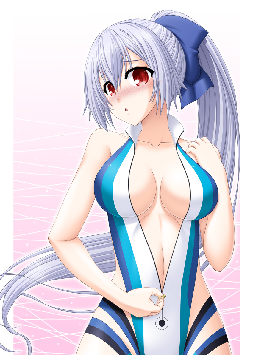1girl :o bare_shoulders blue_bow blue_swimsuit blush border bow breasts breasts_apart commentary_request fate/grand_order fate_(series) hair_between_eyes hair_bow head_tilt highres kiryuu_makoto long_hair looking_at_viewer one-piece_swimsuit pink_background red_eyes silver_hair solo striped striped_swimsuit swimsuit tomoe_gozen_(fate/grand_order) tomoe_gozen_(swimsuit_saber)_(fate) unzipping very_long_hair white_border white_swimsuit