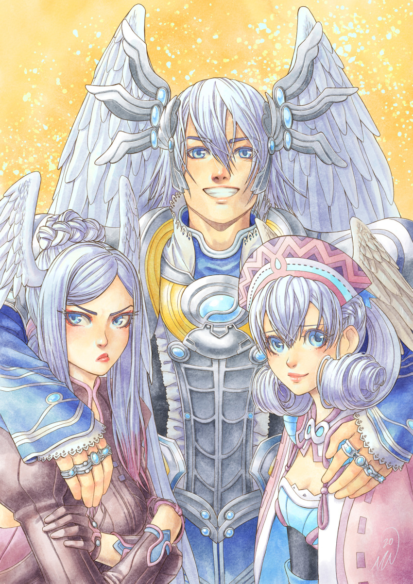 1boy 2girls arm_around_shoulder breasts brother_and_sister crossed_arms family_portrait grin hair_between_eyes hat head_wings highres jewelry kallian_antiqua lips looking_at_viewer medium_breasts melia_antiqua multiple_girls ring scowl siblings silver_hair smile tyrea_(xenoblade) upper_body vvbert xenoblade_chronicles xenoblade_chronicles_(series) yellow_background