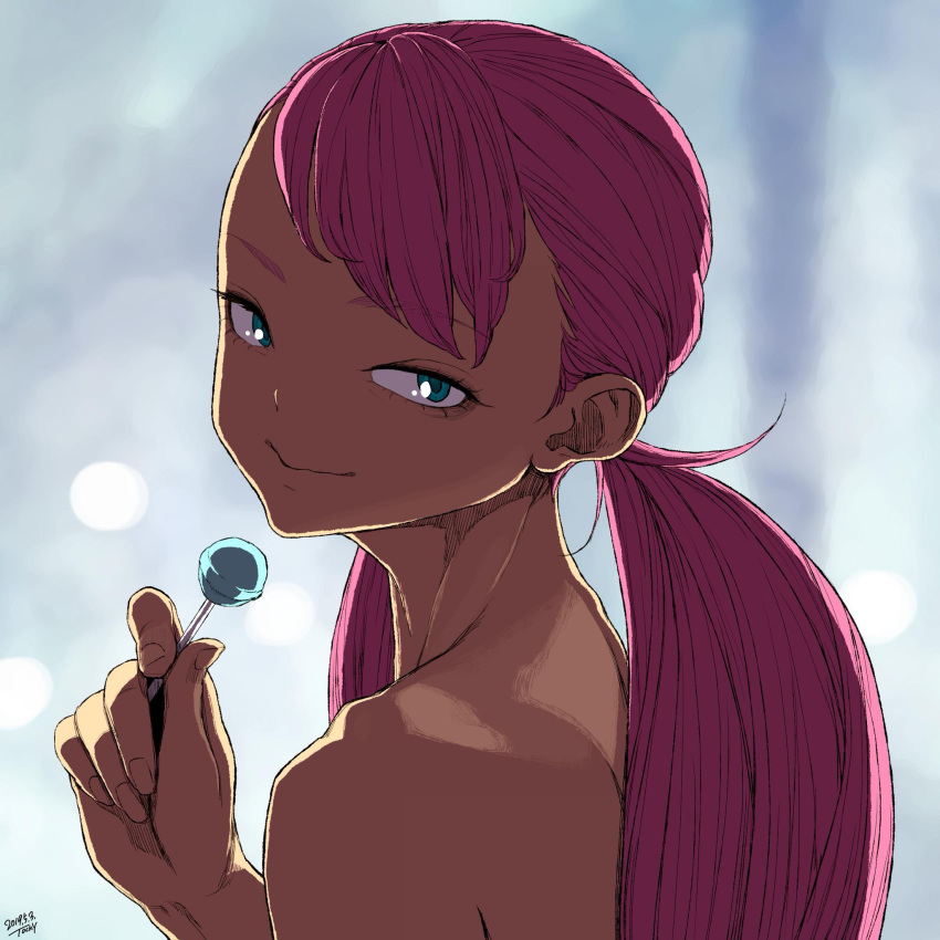 1girl blue_eyes candy closed_mouth cynthia_lane dated eyelashes fingernails food from_behind hand_up highres holding holding_candy holding_food holding_lollipop lollipop long_hair looking_at_viewer nude overman_king_gainer pink_hair signature smile solo tocky twintails