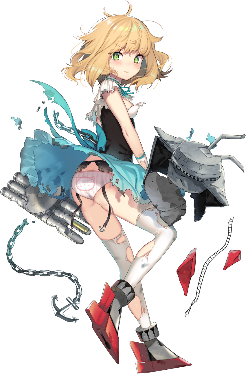1girl ahoge anchor animal_print bangs blonde_hair blue_oath blue_skirt blush breasts cannon cat_panties cat_print chain closed_mouth corset eyebrows_visible_through_hair garter_straps gloves green_eyes grey_footwear hair_flaps highres itamidome medium_breasts messy_hair official_art panties pink_panties pleated_skirt print_panties puffy_short_sleeves puffy_sleeves rigging rudder_footwear savage_(blue_oath) shirt short_sleeves skirt solo striped striped_panties sweat thighhighs torn_clothes torn_legwear torpedo transparent_background underwear vertical-striped_panties vertical_stripes white_gloves white_legwear white_shirt