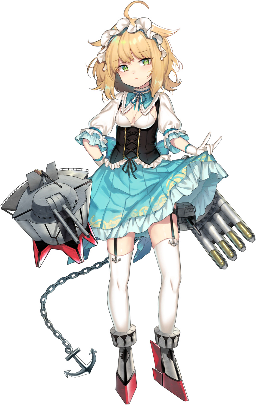 1girl ahoge anchor bangs blonde_hair blue_oath blue_skirt blush breasts cannon chain closed_mouth corset eyebrows_visible_through_hair garter_straps gloves green_eyes grey_footwear hair_flaps highres itamidome medium_breasts official_art pleated_skirt puffy_short_sleeves puffy_sleeves rigging rudder_footwear savage_(blue_oath) shirt short_sleeves skirt skirt_hold solo tachi-e thighhighs torpedo transparent_background turret white_gloves white_legwear white_shirt