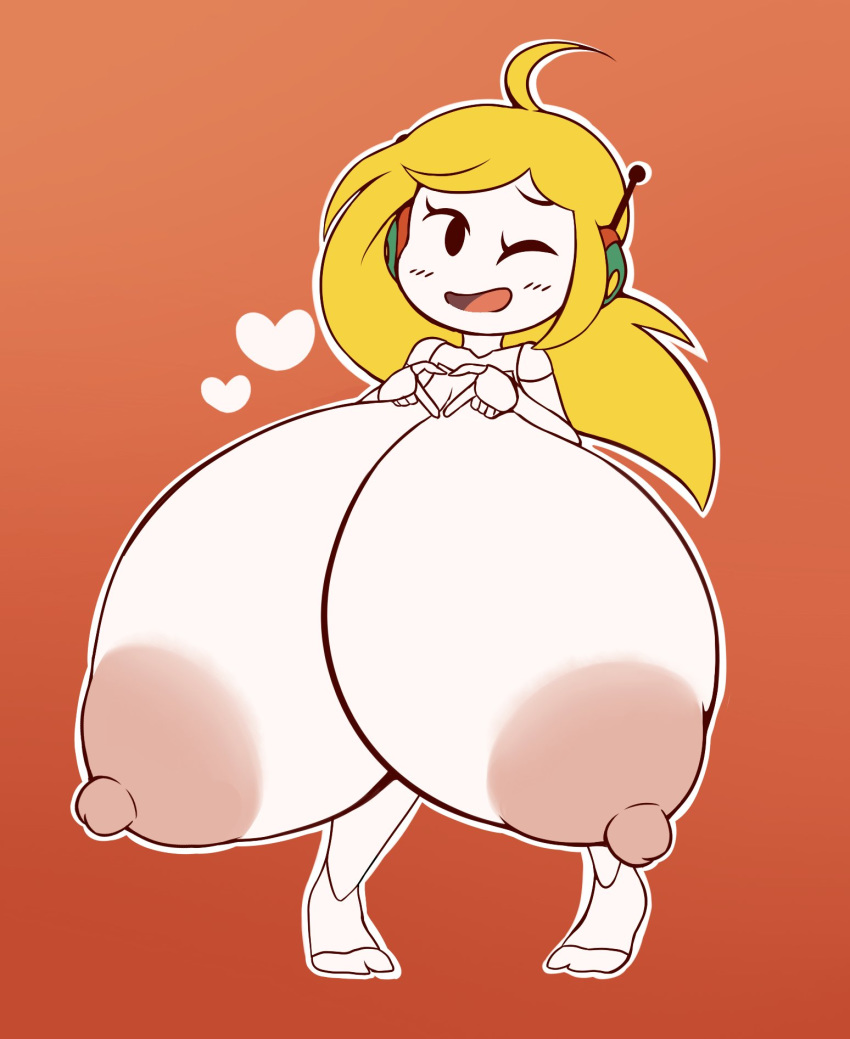 &lt;3 ahoge big_breasts blonde_hair blush breast_expansion breasts cave_story curly_brace elfdrago expansion female hair hi_res huge_breasts humanoid hyper hyper_breasts machine nipples one_eye_closed robot robot_humanoid simple_background solo video_games white_body white_skin