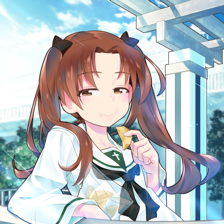 1girl :i bangs black_bow black_neckwear blouse blue_sky blurry blurry_background bored bow brown_eyes brown_hair chips closed_mouth cloud cloudy_sky day depth_of_field eating elbow_rest eyebrows_visible_through_hair food girls_und_panzer hair_bow half-closed_eyes highres holding holding_food inou_takashi kadotani_anzu light_particles long_hair long_sleeves looking_at_viewer neckerchief ooarai_school_uniform outdoors parted_bangs pavilion potato_chips sailor_collar school_uniform serafuku sky solo sunlight twintails white_blouse white_sailor_collar