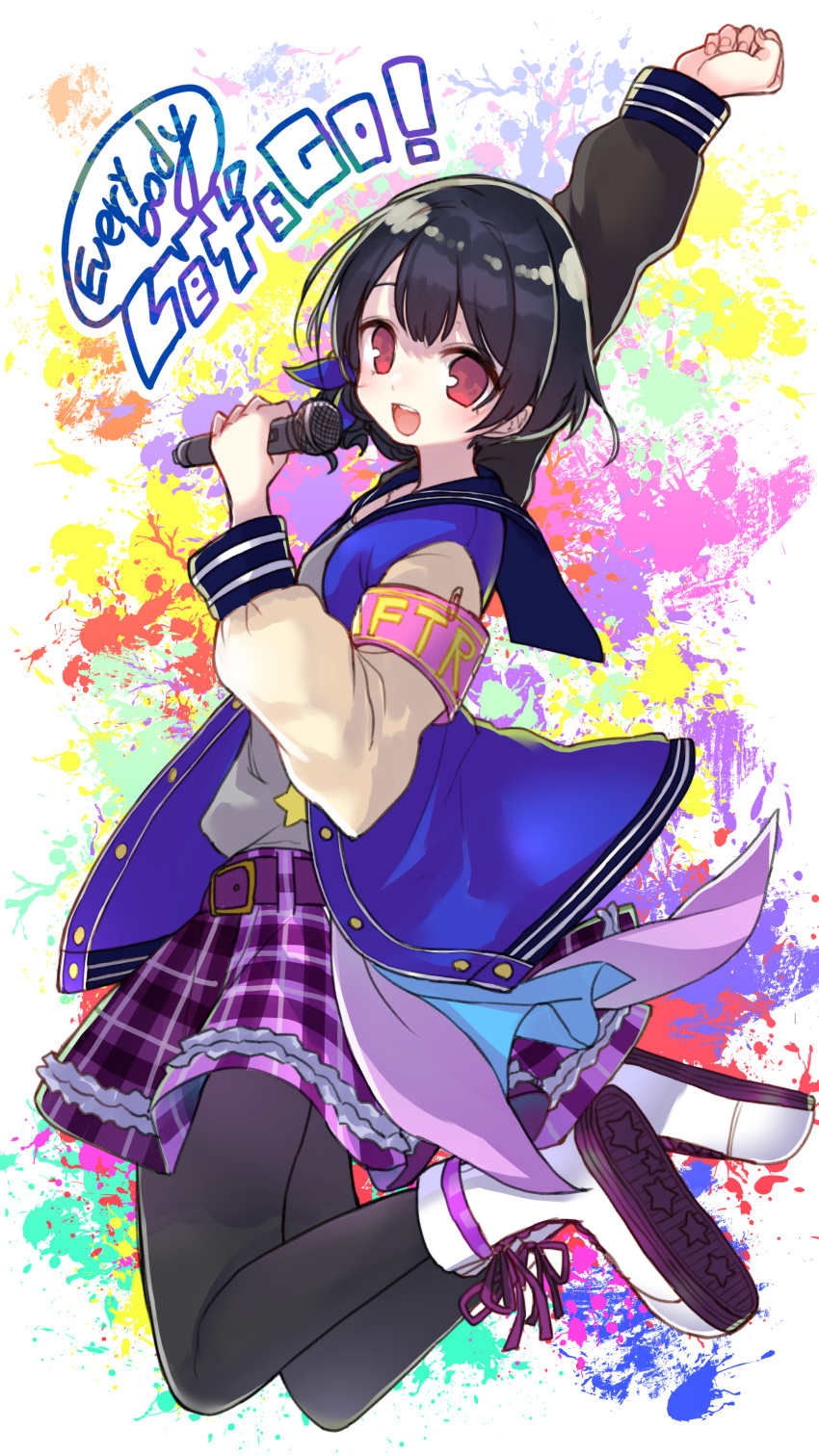 1girl absurdres arm_up armband bangs black_hair black_legwear boots highres holding holding_microphone idolmaster idolmaster_shiny_colors inui/byte jacket long_sleeves looking_at_viewer microphone morino_rinze open_mouth pantyhose plaid plaid_skirt purple_belt red_eyes shoe_soles short_hair skirt solo white_footwear