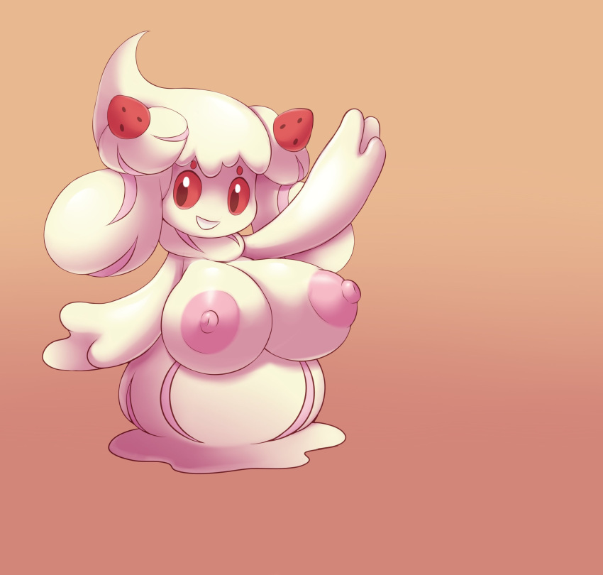 absurd_res alcremie anthro big_breasts breast_expansion breasts elfdrago expansion female food food_creature fruit gesture hi_res huge_breasts nintendo nipples plant pok&eacute;mon pok&eacute;mon_(species) red_eyes red_sclera smile solo strawberry video_games waving waving_at_viewer waving_hand white_body