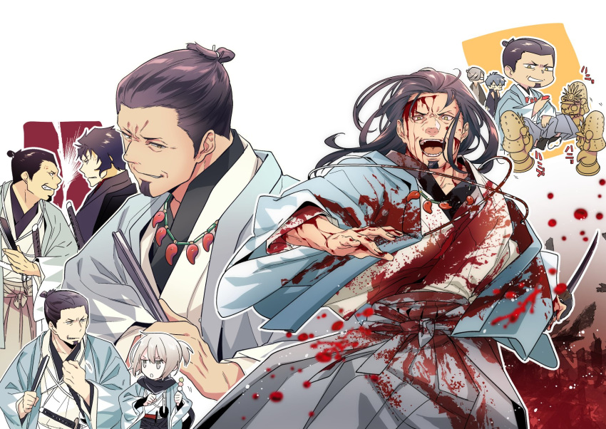 1girl 4boys beard black_hair black_scarf blood brown_eyes cup dango facial_hair fan fate/grand_order fate_(series) food hakama haniwa_(statue) haori highres hijikata_toshizou_(fate/grand_order) hinoya japanese_clothes katana long_hair magatama magatama_necklace multiple_boys okita_souji_(fate) okita_souji_(fate)_(all) ponytail saitou_hajime_(fate) sakazuki scarf serizawa_kamo_(fate) shinsengumi short_hair sword topknot wagashi weapon yamanami_keisuke_(fate)