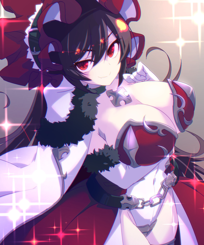 1girl bangs bare_shoulders black_hair black_legwear blush bonnet breasts cape choker chromatic_aberration cleavage commission elbow_gloves eyebrows_visible_through_hair fang fur_trim gloves hair_between_eyes hair_ornament highres ilya_(princess_connect!) large_breasts long_hair looking_at_viewer outstretched_arm princess_connect! princess_connect!_re:dive red_eyes self_shot skeb_commission skin_fang smile solo sw thighhighs very_long_hair white_gloves