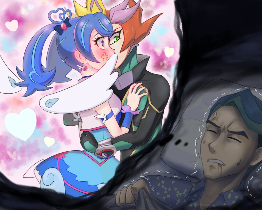 10rs21 1girl 2boys bed bed_sheet blood blue_angel blue_eyes blue_hair blush closed_eyes dreaming dress duel_disk duel_monster embarrassed facial_mark fujiki_yuusaku green_eyes hair_ornament hand_on_another's_chest heart heart_background hug kiss multicolored_hair multiple_boys nightmare pillow playmaker sleeping spiked_hair sweatdrop trembling twintails two-tone_hair wings yu-gi-oh! yu-gi-oh!_vrains zaizen_akira zaizen_aoi
