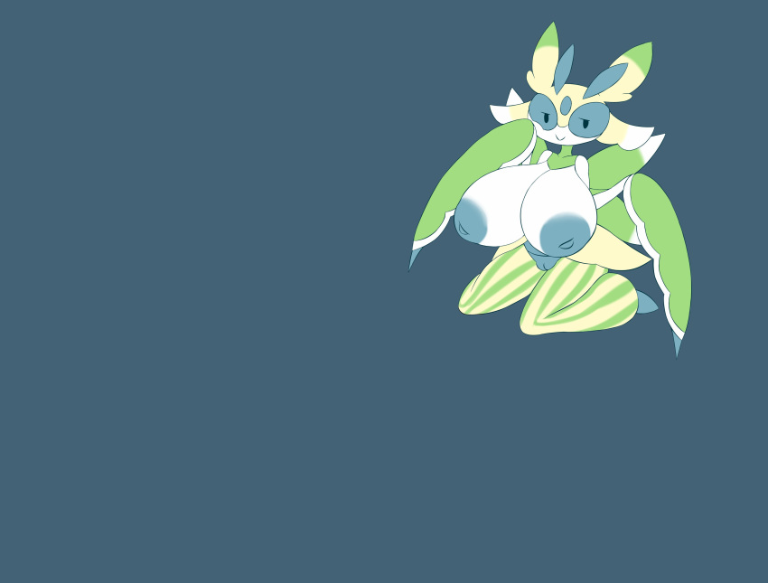 absurd_res anthro big_breasts blue_sclera breast_expansion breasts claws elfdrago expansion female genitals hi_res huge_breasts inverted_nipples kneeling lurantis nintendo nipples pok&eacute;mon pok&eacute;mon_(species) pussy shiny_pok&eacute;mon simple_background solo video_games