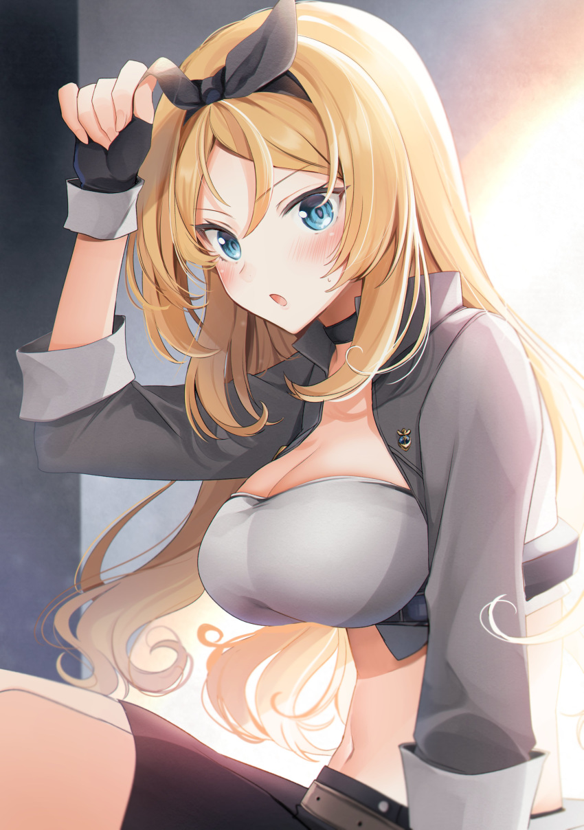 1girl absurdres alternate_costume black_hairband blonde_hair blue_eyes breasts choker cleavage cropped_jacket eyebrows_visible_through_hair fingerless_gloves gloves grey_jacket hairband hand_on_hip highres jacket kantai_collection large_breasts long_hair long_sleeves midriff navel nelson_(kantai_collection) open_mouth solo yunamaro