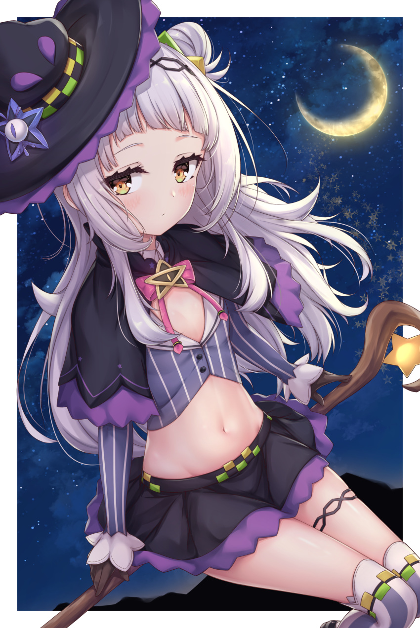1girl absurdres arata_(xin) bangs black_headwear black_skirt blush broom broom_riding capelet closed_mouth commentary_request crescent_moon crop_top flat_chest gloves hair_bun hair_ornament hat highres hololive legs_together long_hair long_sleeves looking_at_viewer midriff moon multicolored multicolored_capelet multicolored_clothes multicolored_skirt murasaki_shion navel night over-kneehighs shirt silver_hair sitting skirt sky solo star_(sky) star_(symbol) starry_sky striped striped_legwear striped_shirt striped_sleeves thighhighs virtual_youtuber witch_hat