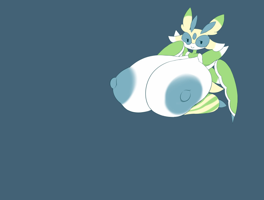 absurd_res anthro big_breasts blue_sclera breast_expansion breasts claws elfdrago expansion female hi_res huge_breasts hyper hyper_breasts kneeling lurantis nintendo nipples pok&eacute;mon pok&eacute;mon_(species) shiny_pok&eacute;mon simple_background solo video_games