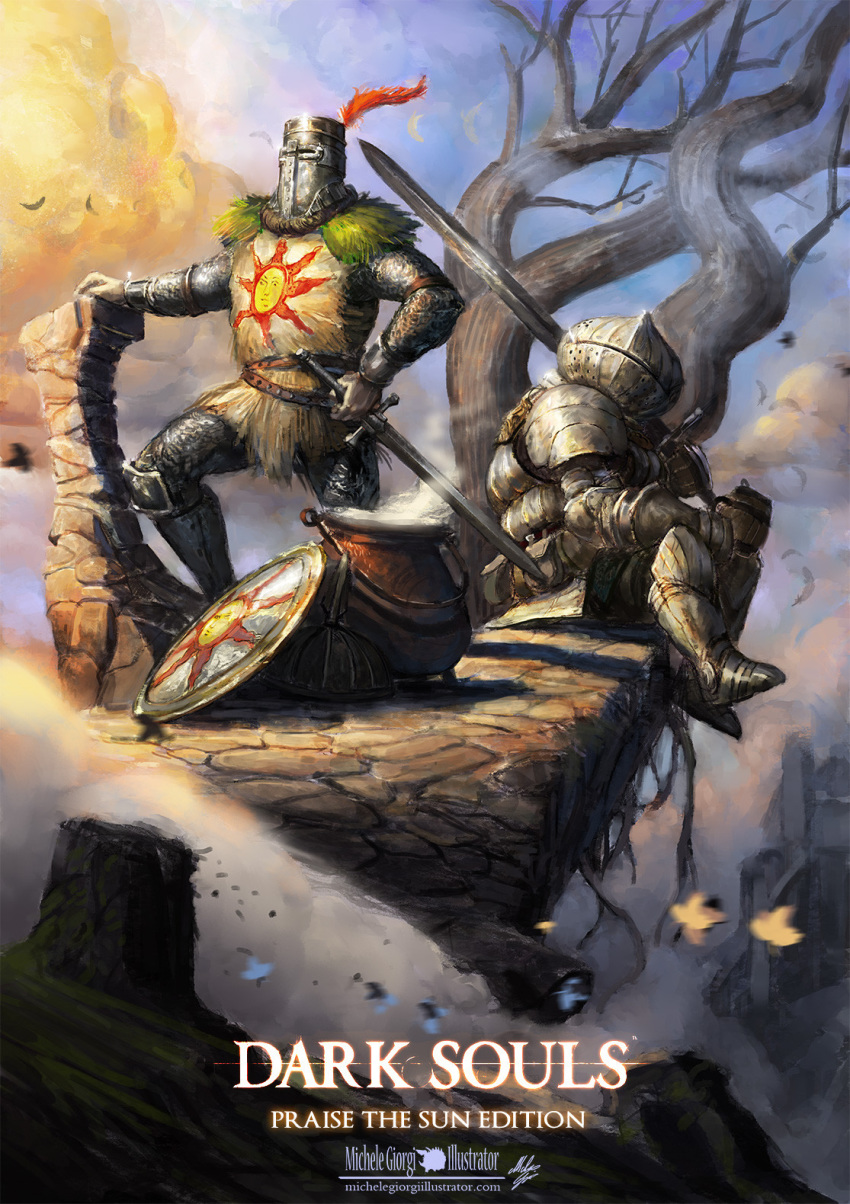 2boys armor artist_name bare_tree breastplate cauldron cliff cloud commentary copyright_name cup dark_souls day full_armor full_body gauntlets greatsword greaves helmet highres holding holding_cup holding_sword holding_weapon knight looking_away male_focus michele_giorgi mug multiple_boys over_shoulder pauldrons plume shield shoulder_armor siegmeyer_of_catarina sitting solaire_of_astora souls_(from_software) steam sun_(symbol) sword tabard tree watermark weapon web_address zweihander