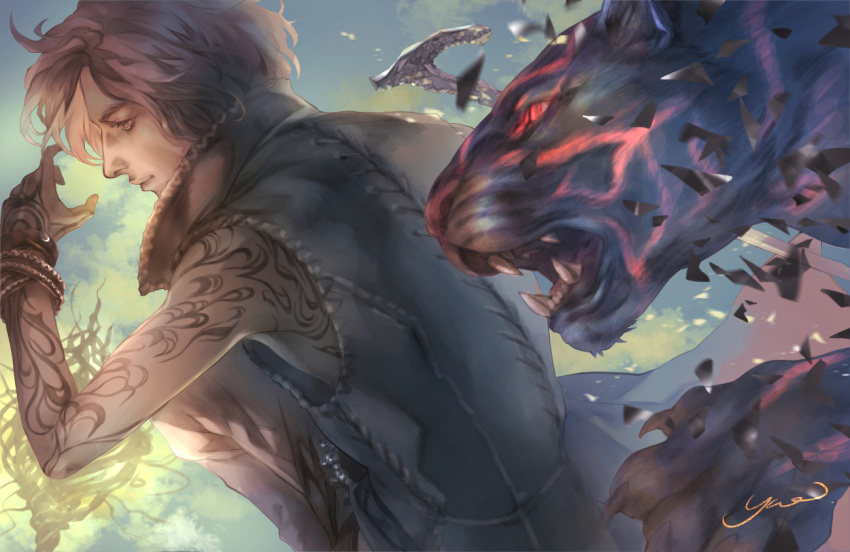 1boy animal arm_tattoo black_coat black_eyes black_hair cane closed_mouth coat debris devil_may_cry devil_may_cry_5 familiar from_side glowing glowing_eye hand_up holding holding_cane looking_away male_focus memento1113 outdoors panther profile red_eyes shadow_(devil_may_cry_5) short_hair sleeveless_coat studded_bracelet tattoo twilight upper_body v_(devil_may_cry)