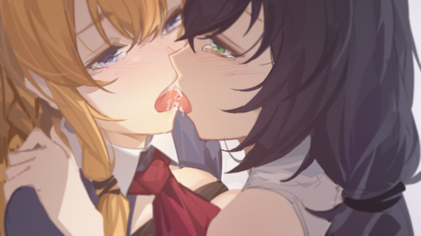 2girls bangs black_hair blue_eyes blush breast_press breasts collared_shirt eye_contact french_kiss green_eyes hair_between_eyes half-closed_eyes hand_on_another's_shoulder highres karyl_(princess_connect!) kiss large_breasts long_hair looking_at_another multiple_girls open_mouth orange_hair pecorine_(princess_connect!) princess_connect! princess_connect!_re:dive red_neckwear saliva shirt symmetrical_docking tears tongue tongue_out youxuemingdie yuri