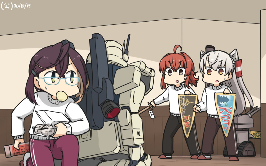 3girls ahoge alternate_costume amatsukaze_(kantai_collection) arashi_(kantai_collection) black_hair black_pants blue-framed_eyewear brown_eyes brown_pants commentary_request dated food full_body glasses green_eyes hair_tubes hamu_koutarou hiding highres kantai_collection long_hair medium_hair multicolored_hair multiple_girls okinami_(kantai_collection) pants pennant pink_hair playing_games purple_pants red_hair shield short_hair silver_hair sweater sword track_pants two_side_up weapon white_sweater windsock yellow_eyes