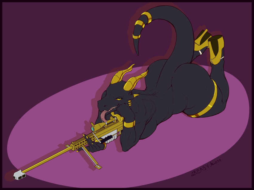2018 4:3 all_fours anthro barrett_m82 bipod black_body black_scales breasts clothing dragon female footwear ghenna_(gehennalis) gold_(metal) gold_jewelry gold_necklace greasymojo gun high_heels horn jewelry licking licking_gun licking_scope looking_at_viewer lying nude on_front open_mouth pillarbox raised_tail ranged_weapon rifle scales scalie scope shoes side_boob signature simple_background sniper_rifle snout solo tail_jewelry teeth tongue tongue_out weapon wrist_jewelry yellow_eyes yellow_horn