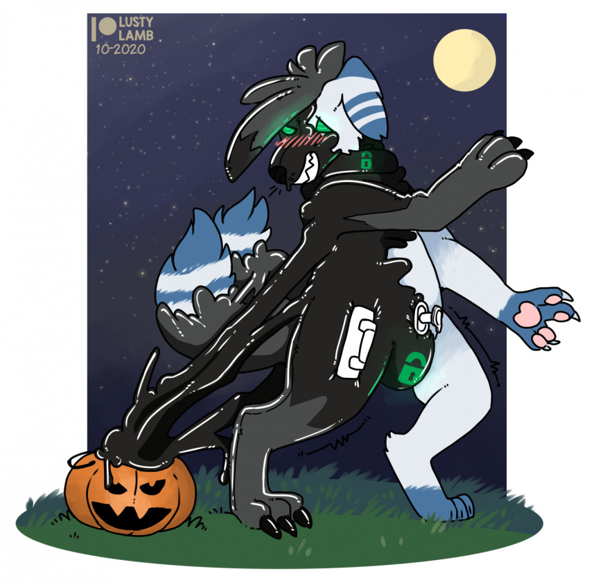 anthro blush chastity_(disambiguation) conditional_dnp denial drone food fruit full_moon goo_(disambiguation) halloween hi_res holidays liquid_latex lock_symbol lustylamb lycanroc male meowstic midnight_lycanroc moon multitail nintendo nullge plant pok&eacute;mon pok&eacute;mon_(species) pumpkin rubber shiny_(disambiguation) solo transformation video_games