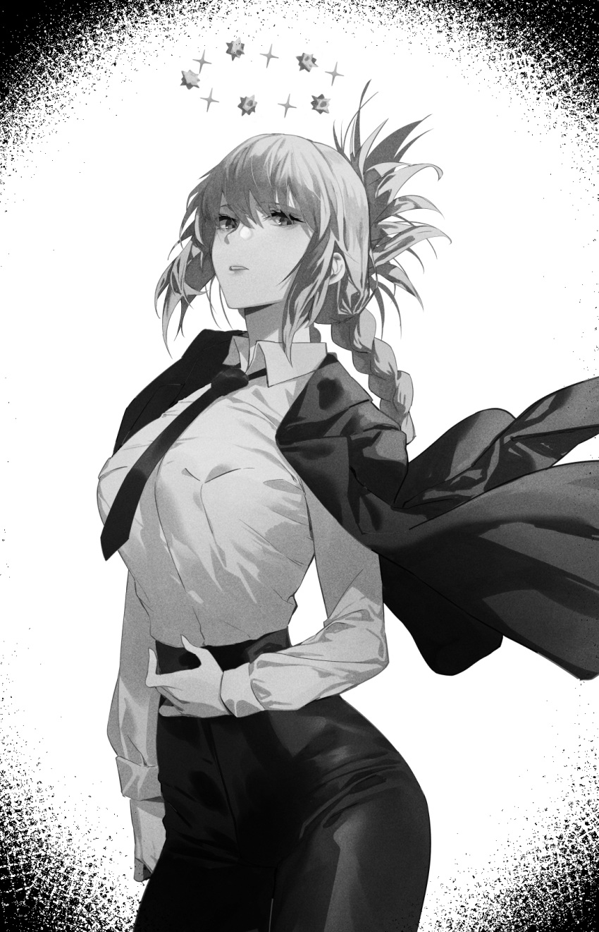 1girl bangs braid braided_bun breasts dress_shirt fate/grand_order fate_(series) florence_nightingale_(fate/grand_order) folded_ponytail greyscale highres hxd jacket jacket_on_shoulders large_breasts long_hair long_sleeves looking_at_viewer monochrome necktie parted_lips shirt