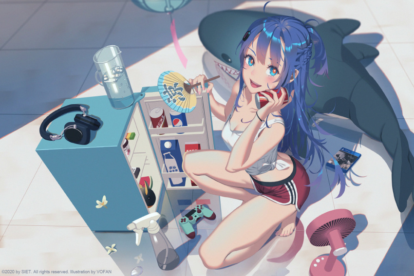 1girl :d blu-ray_cover blue_eyes blurry blurry_foreground blush bottle braid breasts can cleavage coca-cola controller copyright_request cover depth_of_field dolphin_shorts dualshock electric_fan fan fingernails french_braid from_side game_controller gamepad gradient_hair hair_ornament headphones headphones_removed highres holding holding_fan hot ice ice_cube ikea_shark long_hair looking_at_viewer medium_breasts milk_carton multicolored_hair nail_polish open_mouth paper_fan pepsi pink_nails pitcher playstation_controller ponytail purple_hair red_pupils refrigerator round_teeth shirt shorts smile soda_can solo spray_bottle squatting stuffed_animal stuffed_shark stuffed_toy sweat teeth tied_shirt toenail_polish toenails vofan white_shirt wind_chime