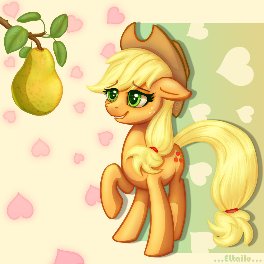 &lt;3 1:1 apple applejack_(mlp) clothing cowboy_hat eltaile equid equine female feral food friendship_is_magic fruit hasbro hat headgear headwear hi_res horse love mammal my_little_pony pear plant pony solo