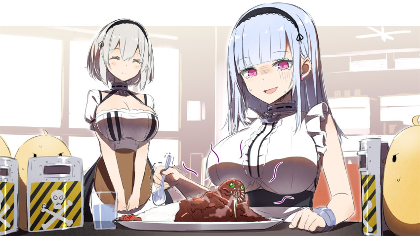 2girls anchor_choker azur_lane bad_food bangs bird black_dress blunt_bangs breasts center_frills chick cleavage closed_eyes clothing_cutout commentary cup curry dido_(azur_lane) dress earrings eyebrows_visible_through_hair food foreshortening frills gochou_(atemonai_heya) hair_between_eyes hairband highres holding holding_spoon holding_tray indoors jewelry large_breasts light_smile long_hair manjuu_(azur_lane) multiple_girls nervous_smile pink_eyes puffy_short_sleeves puffy_sleeves riot_shield short_sleeves sirius_(azur_lane) sitting sketch skull_and_crossbones sleeveless spoon standing stud_earrings sweat tearing_up tray trembling underboob underboob_cutout upper_body water white_dress