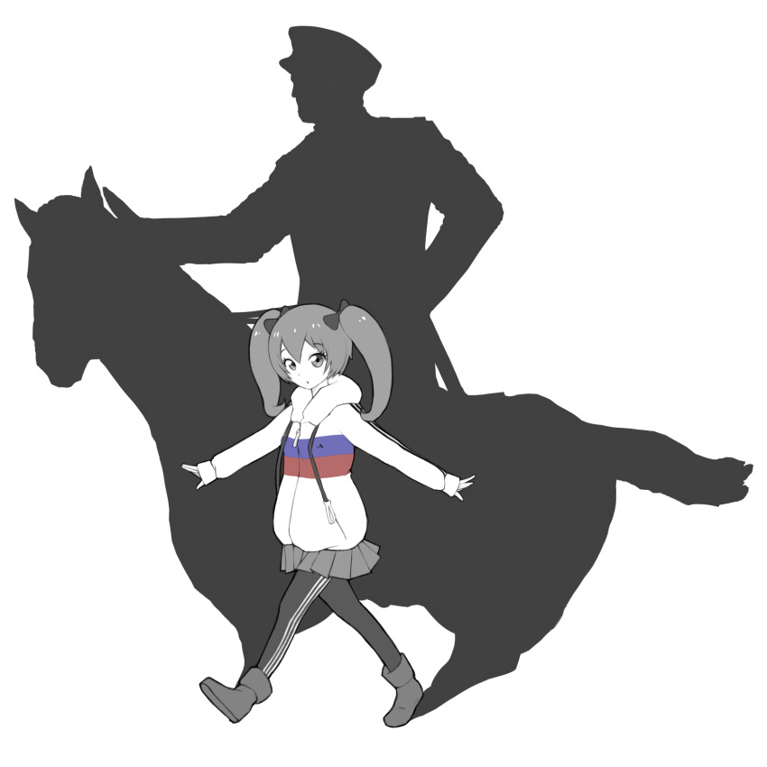 1girl archived_source boots bow different_shadow drawfag greyscale hair_ornament highres hood hoodie looking_at_viewer monochrome original russian_flag shadow-chan skirt solo twintails