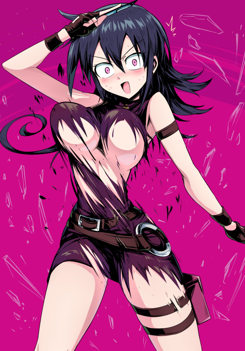 1girl arm_garter armband bare_shoulders belt belt_buckle black_hair blush breasts broken_glass buckle card commentary_request cowboy_shot dress duel_masters glass highres holding holding_card large_breasts long_hair looking_at_viewer open_mouth pink_background purple_dress purple_eyes shimure_(460) solo surprised tasogare_mimi thigh_strap torn_clothes unaligned_breasts underboob v-shaped_eyebrows