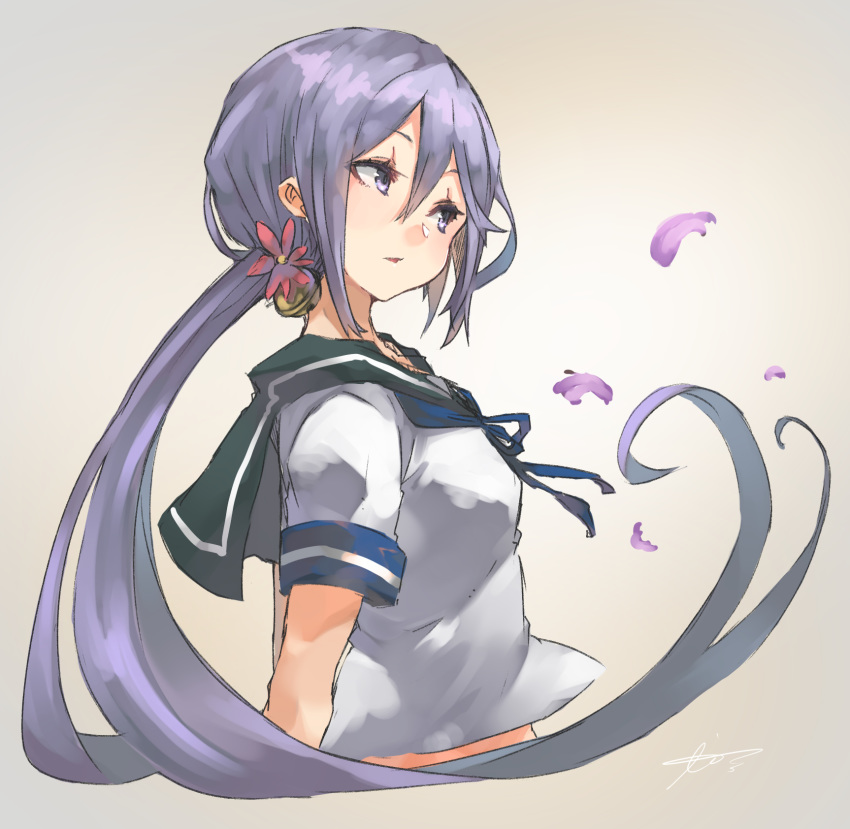 1girl akebono_(kantai_collection) bell blue_neckwear blue_sailor_collar flower gradient gradient_background grey_background hair_bell hair_flower hair_ornament highres jingle_bell kantai_collection long_hair neckerchief purple_eyes purple_hair sailor_collar school_uniform serafuku shirt short_sleeves side_ponytail solo sunday_aki upper_body very_long_hair white_shirt