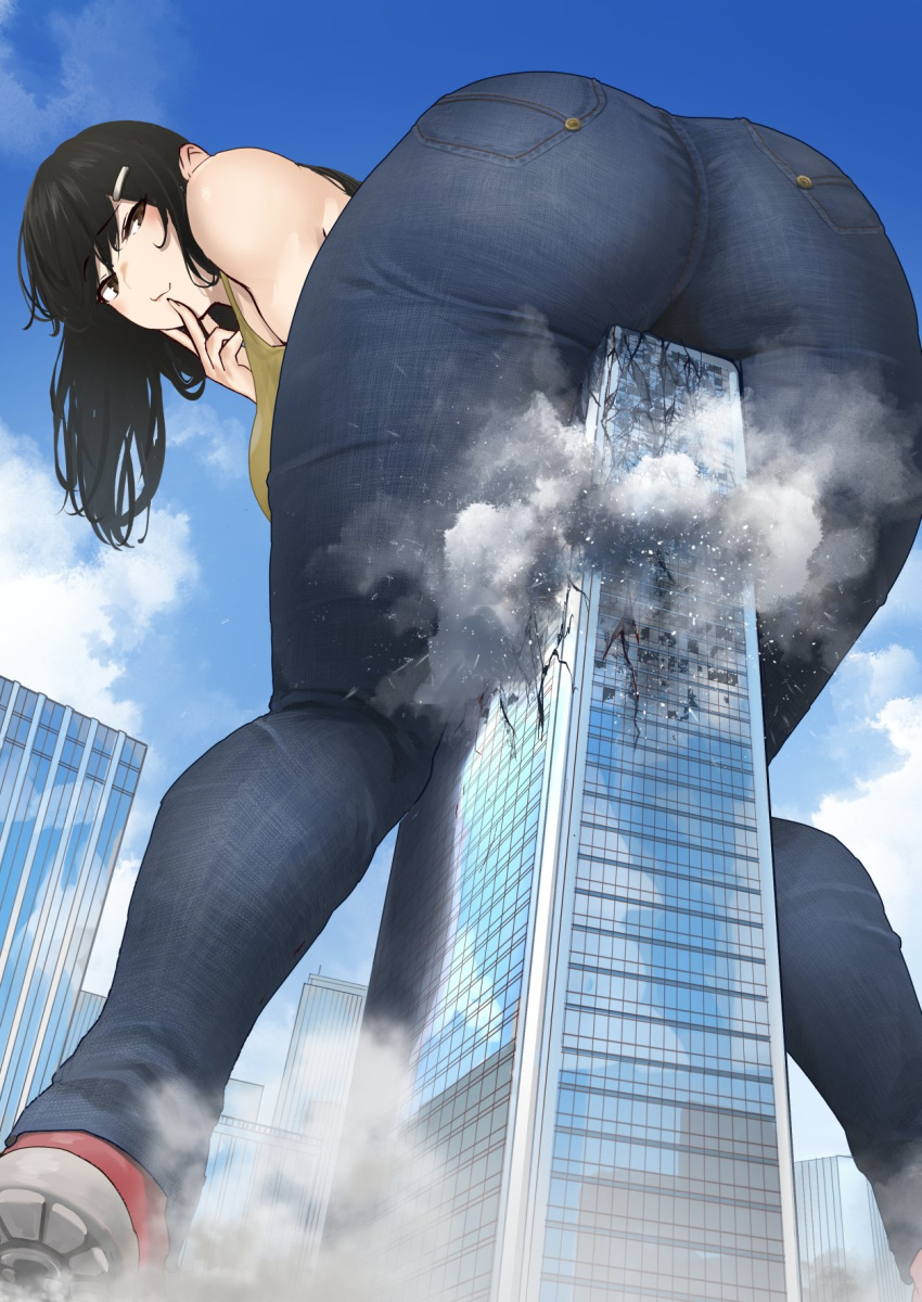 1girl ass bangs bare_shoulders black_hair blue_sky building cloud commentary_request denim finger_to_chin from_below giant giantess hair_ornament hairclip highres jeans original pants red_footwear sky skyscraper smile tank_top uru_(uru0000)