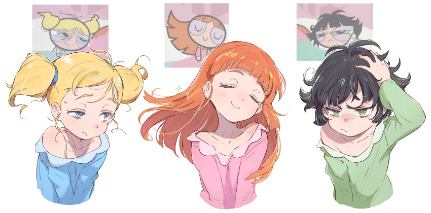 3girls =v= bags_under_eyes bangs bare_shoulders black_hair blonde_hair blossom_(ppg) blunt_bangs bubbles_(ppg) buttercup_(ppg) buttercup_redraw_challenge collage collarbone commentary cropped_torso derivative_work english_commentary floating_hair frown highres long_sleeves looking_afar messy_hair multiple_girls off-shoulder_shirt off_shoulder orange_hair powerpuff_girls reference_inset screencap_redraw shirt simple_background single_bare_shoulder sleepy straight_hair toku_(ke7416613) twintails upper_body white_background