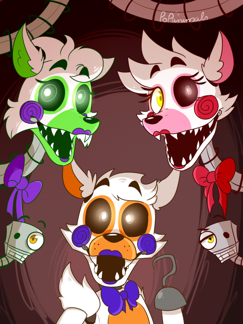 2016 ambiguous_gender animatronic anthro bow canid canine cheek_tuft eyebrows eyelashes eyeshadow facial_tuft five_nights_at_freddy's five_nights_at_freddy's_2 five_nights_at_freddy's_world fox fur glowing glowing_eyes green_body green_fur green_inner_ear group hair hi_res hook inner_ear_fluff lipstick lolbit_(fnaf) machine makeup mammal mangle_(fnaf) open_mouth open_smile orange_body orange_fur orange_inner_ear pink_body pink_fur pink_inner_ear popanimals purple_cheeks red_cheeks robot sharp_teeth shoulder_tuft smile tangle_(fnaf) teeth tuft video_games white_body white_fur white_hair yellow_eyes