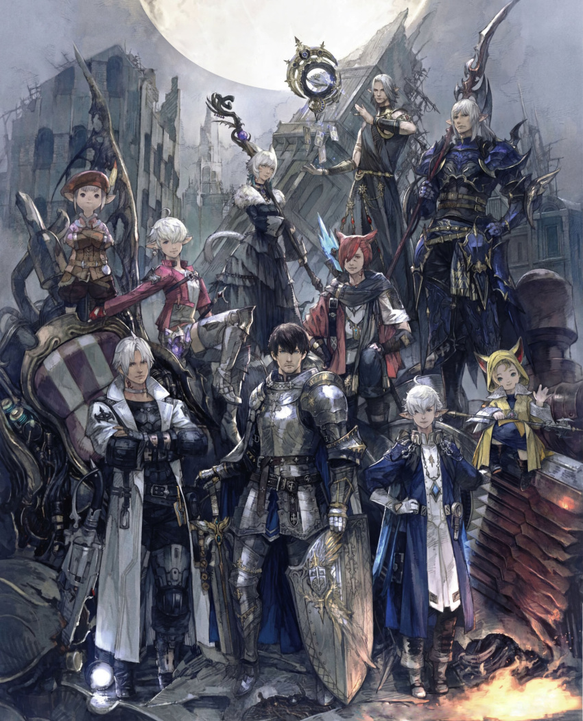 5boys 5girls absurdres adventurer_(ff14) alisaie_leveilleur alphinaud_leveilleur animal_ears animal_hood armor cat_ears cat_hood cat_tail cover crossed_arms elezen elf estinien_wyrmblood everyone final_fantasy final_fantasy_xiv fur_trim g'raha_tia hat highres hood hyur krile_mayer_baldesion_(ff14) lalafell looking_at_viewer magitek_armor miqo'te mogi_yuusuke multiple_boys multiple_girls neck_tattoo official_art paladin_(final_fantasy) pointy_ears polearm red_hair shield silver_hair sitting smile spear staff standing tail tataru_taru tattoo thancred_waters third-party_source urianger_augurelt waving weapon y'shtola_rhul