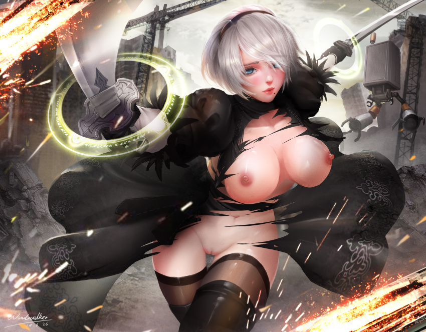 boots breasts building city dress feathers gray_hair headband katana kaze_no_gyouja nier nier:_automata nipples pod_(nier:_automata) pussy robot ruins short_hair signed sword thighhighs torn_clothes uncensored weapon yorha_unit_no._2_type_b