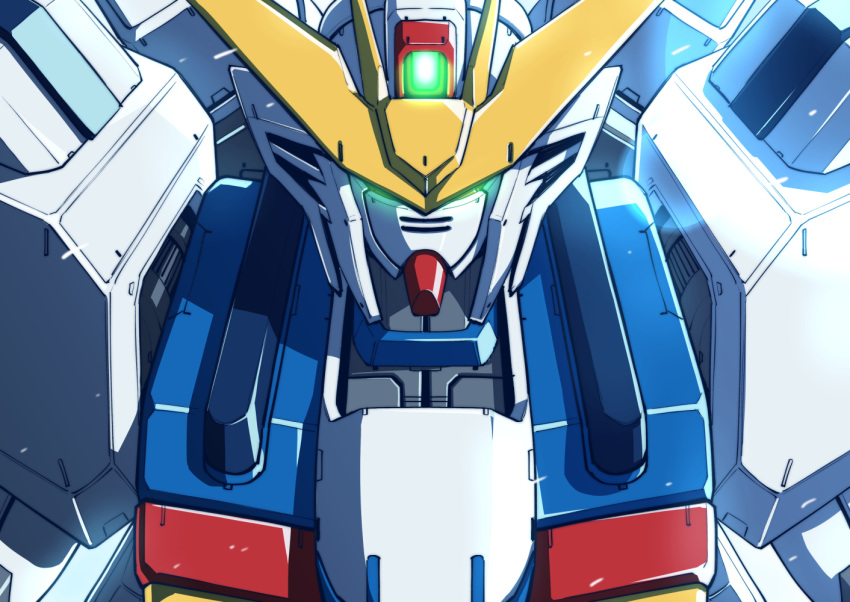 after_war_gundam_x covered_eyes from_above glowing glowing_eyes gundam gundam_x lens_flare mecha no_humans shouji_nigou v-fin