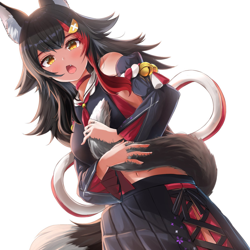 1girl animal_ears bangs bare_shoulders bell black_hair black_shirt black_skirt blush choker commentary detached_sleeves eyebrows_visible_through_hair fang hair_between_eyes hair_ornament hairclip highres holding_tail hololive long_hair looking_at_viewer multicolored_hair neckerchief ookami_mio open_mouth red_choker red_hair red_neckwear shirt sidelocks simple_background skirt solo tail two-tone_hair uetaku virtual_youtuber white_background wolf_ears wolf_girl wolf_tail yellow_eyes