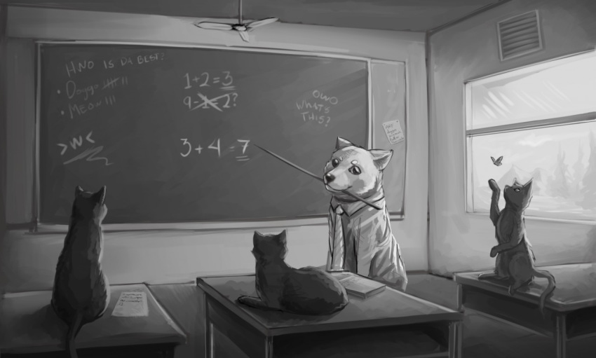 &gt;w&lt; ambiguous_gender arthropod book butterfly canid canine canis chalkboard classroom clothed clothing competition desk domestic_cat domestic_dog equation felid feline felis feral furniture greyscale group insect lepidopteran looking_at_viewer mammal math monochrome mountain necktie owo school smoothie_(artist) stick teacher text tree window