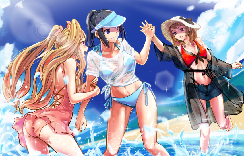 3girls arm_grab beach bikini black_hair blonde_hair blue_sky brown_hair hat hibike!_euphonium hiiragi_serina holding_hands misogi_(misogi1341) multiple_girls nase_amika ocean one-piece_swimsuit ponytail sasaki_azusa see-through short_hair sky summer sun sun_hat swimsuit tagme toned twintails visor wet wet_clothes