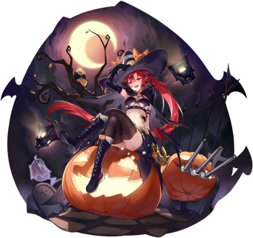 1girl :d arm_up armpits azur_lane bare_tree belt bikini bird black_bikini black_gloves black_headwear black_legwear blue_footwear boots cannon chick crescent_moon crossed_legs demon_wings detached_sleeves fangs full_body ghost gloves grave halloween hat highres jack-o'-lantern kaede_(yumesaki_kaede) knee_boots lamp long_hair looking_at_viewer low_wings manjuu_(azur_lane) moon navel official_art open_mouth pointy_ears ponytail pumpkin red_eyes red_hair sidelocks smile solo stomach swimsuit thighhighs thighs transparent_background tree turret very_long_hair waist_cape wichita_(azur_lane) wichita_(domineering_witchita)_(azur_lane) wings witch_hat