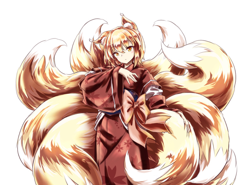 1girl alternate_color alternate_costume animal_ear_fluff animal_ears bangs blonde_hair blue_sash blush bow brown_bow brown_kimono chinese_commentary commentary_request cowboy_shot detached_sleeves eyebrows_visible_through_hair findzhenxin floral_print fluffy fox_ears fox_tail head_tilt japanese_clothes kimono kitsune large_bow large_tail long_sleeves looking_at_viewer multiple_tails no_hat no_headwear obi sash sidelocks solo tail tail_grab tail_hold touhou transparent_background wide_sleeves yakumo_ran yellow_eyes